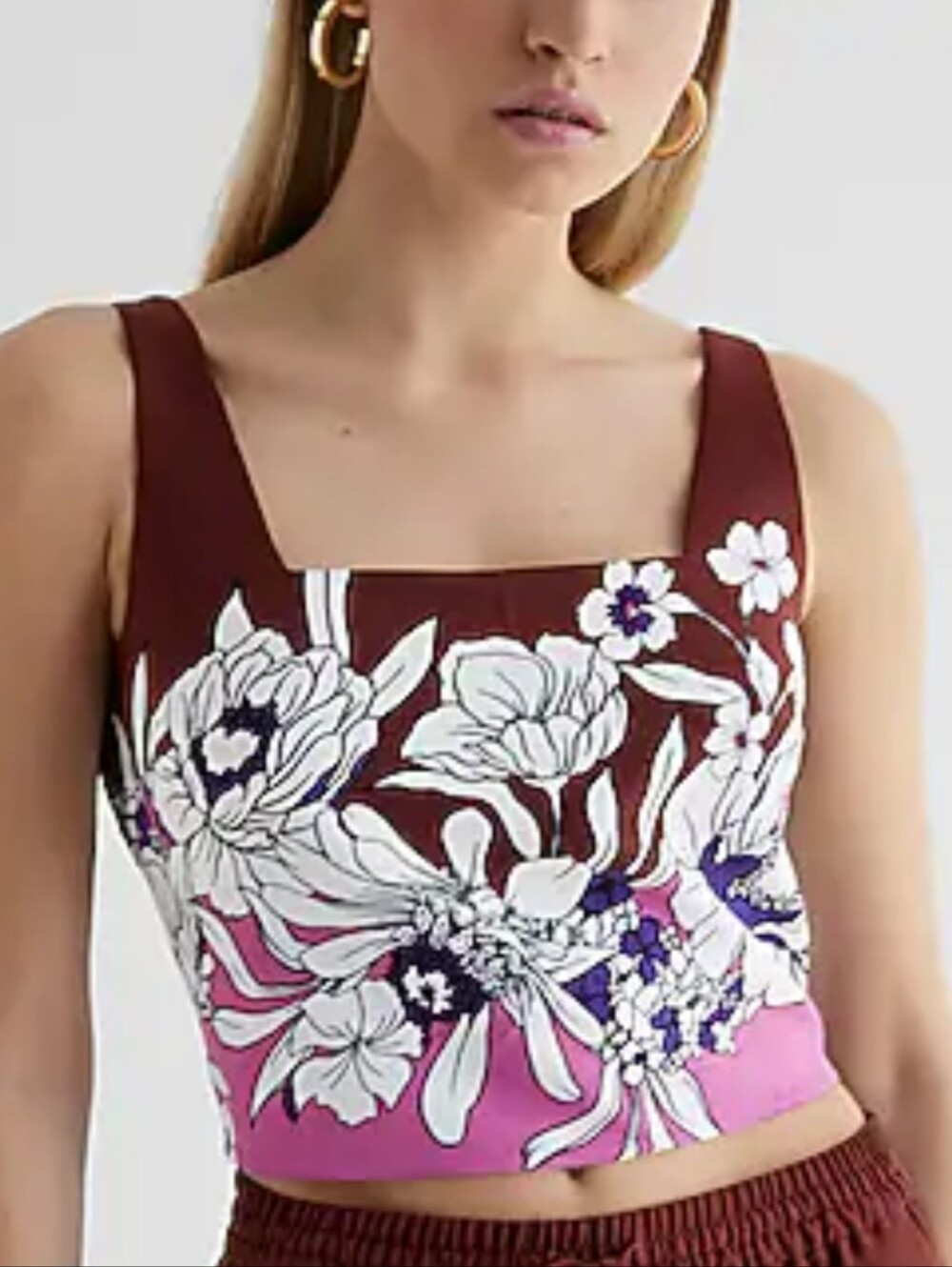 NWT Express Floral Color Block Square Neck Cropped Tank, Size Large